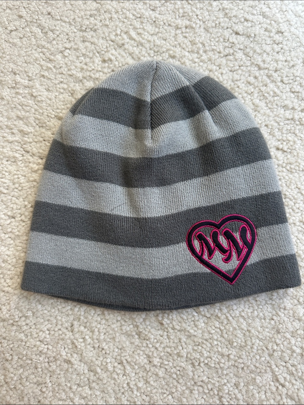 Women’s Metal Mulisha Striped Beanie Hat with Pink Heart Accent MM